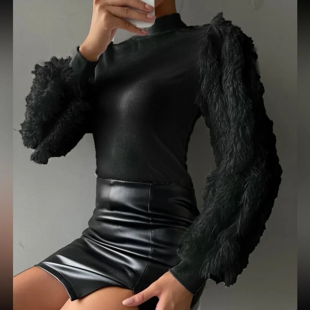 Cozy Faux Fur Fuzzy Long Puff Cuff Sleeve Mock Neck Top Blouse Shirt Black - Picture 5 of 16